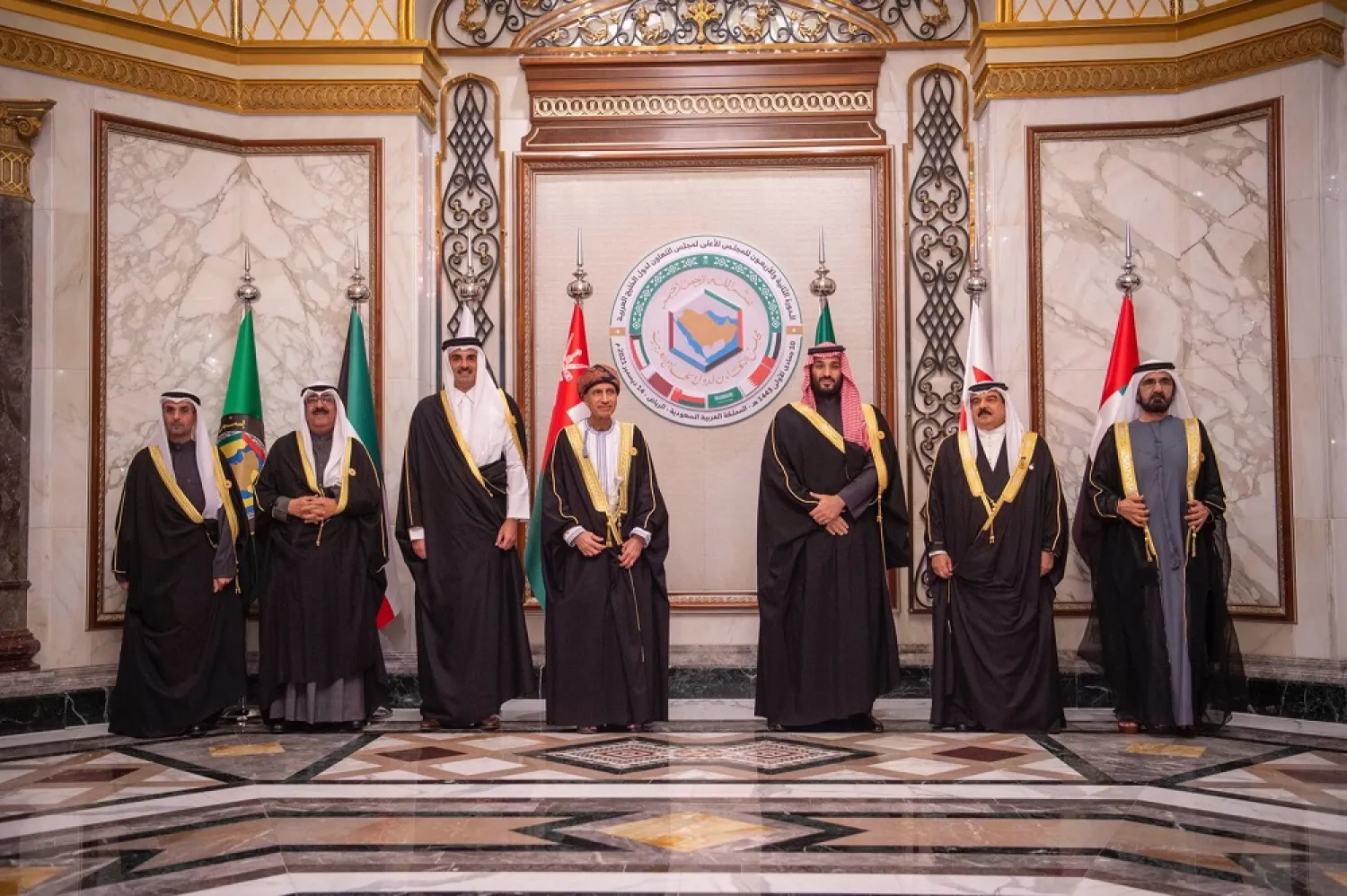 Gulf leaders and the heads of delegations pose for a family photo at the GCC summit. (SPA)