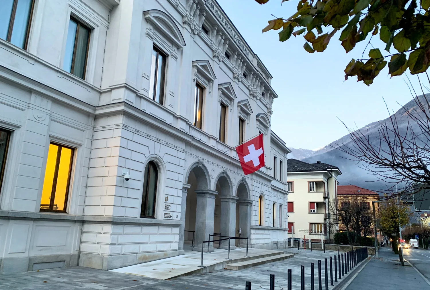 Switzerland's national flag is displayed on the Swiss Federal Criminal Court (Bundesstrafgericht) building in Bellinzona, Switzerland, December 3, 2020. REUTERS/Emma Farge

