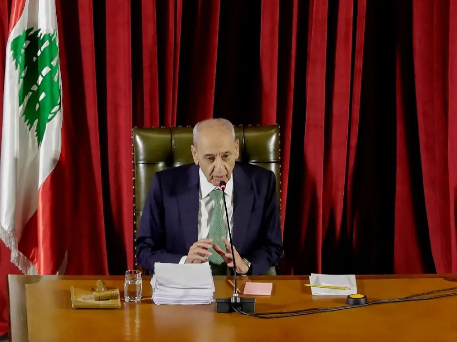  Lebanese parliament Speaker Nabih Berri chairs a parliament meeting at the UNESCO Palace in the capital Beirut, on April 21, 2020. (AFP)