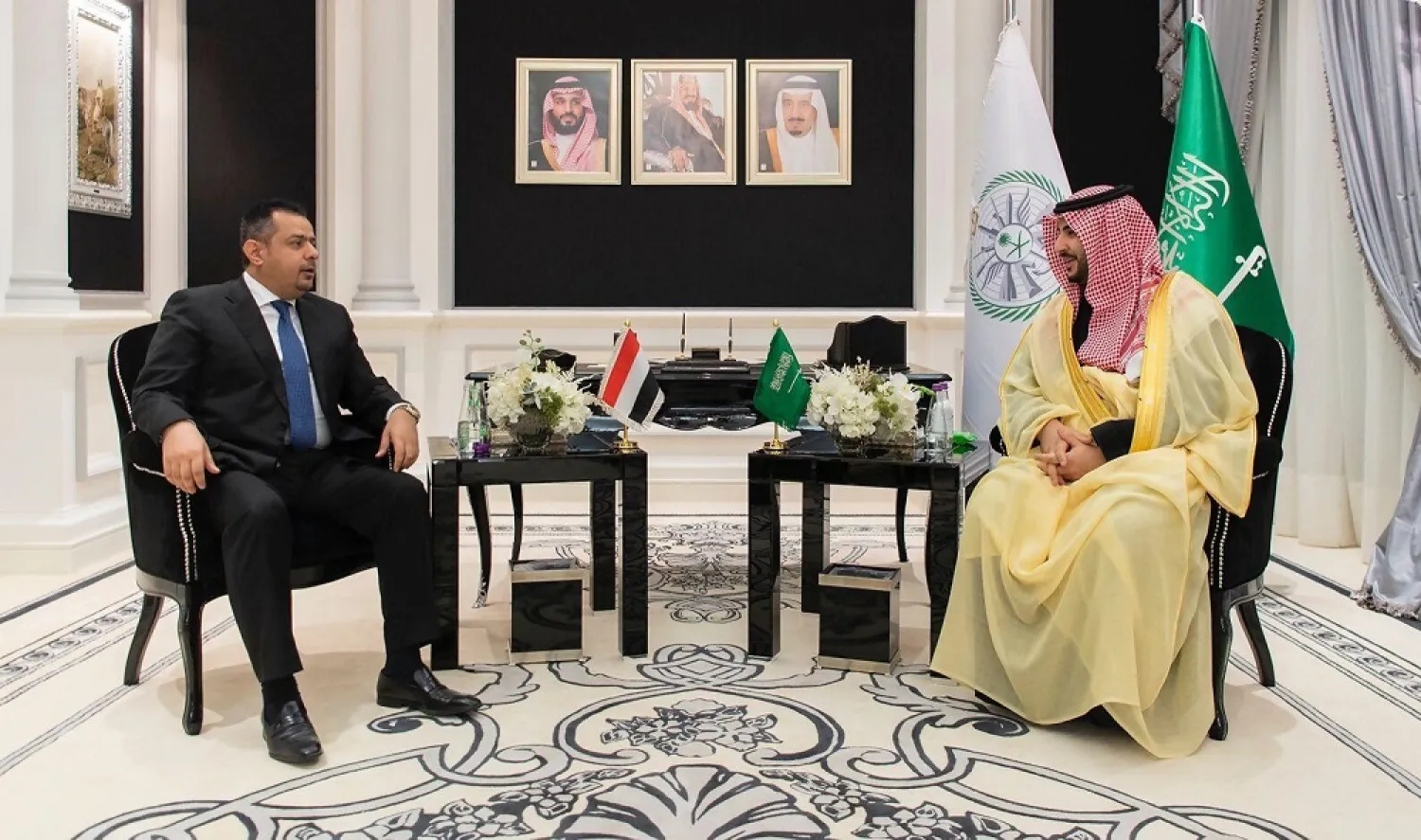 Saudi Deputy Defense Minister Prince Khalid bin Salman meets with the Yemeni PM in Riyadh. (SPA)