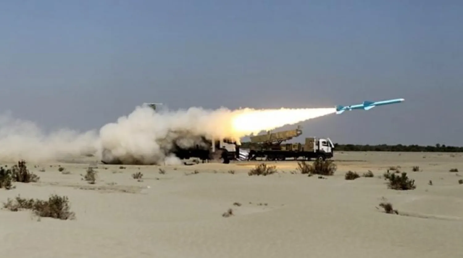 A handout photo made available by the Iranian Army office on January 14, 2021, shows a Noor long-range anti-ship missile fired during an Iranian navy military drill. / AFP / Iranian Army office / HO /