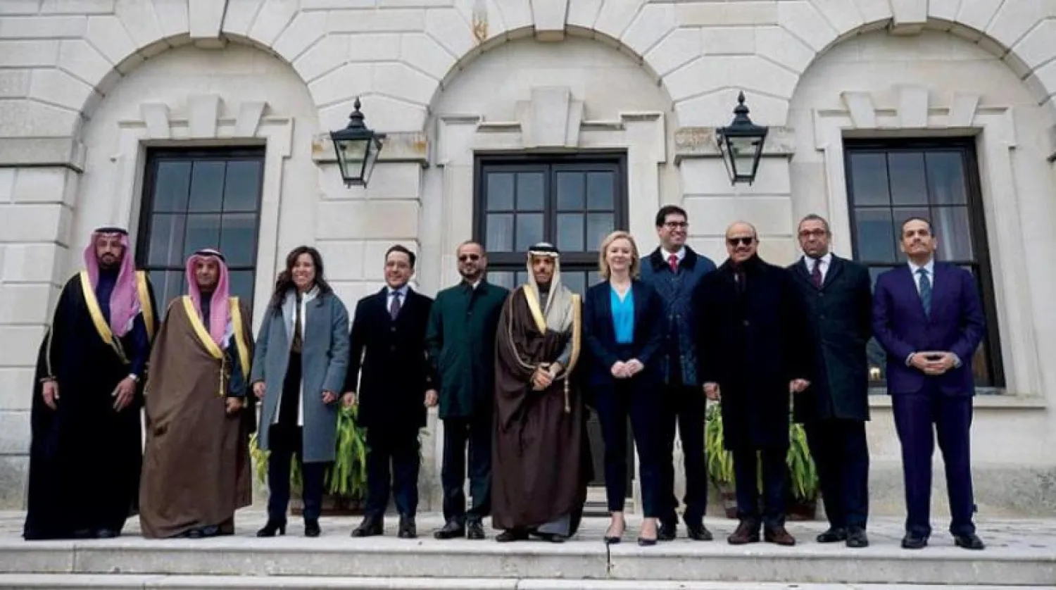 Foreign ministers from the Gulf states and the GCC secretary-general met with British foreign secretary Liz Truss in Chevening, England. (SPA)