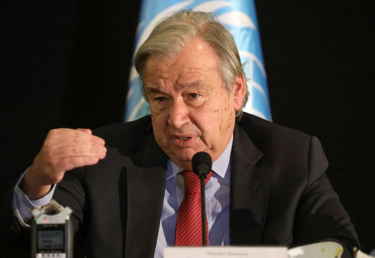 United Nations Secretary-General Antonio Guterres gestures as he attends a news conference at the end of his visit to Lebanon, in Beirut, Lebanon December 21, 2021. (Reuters)