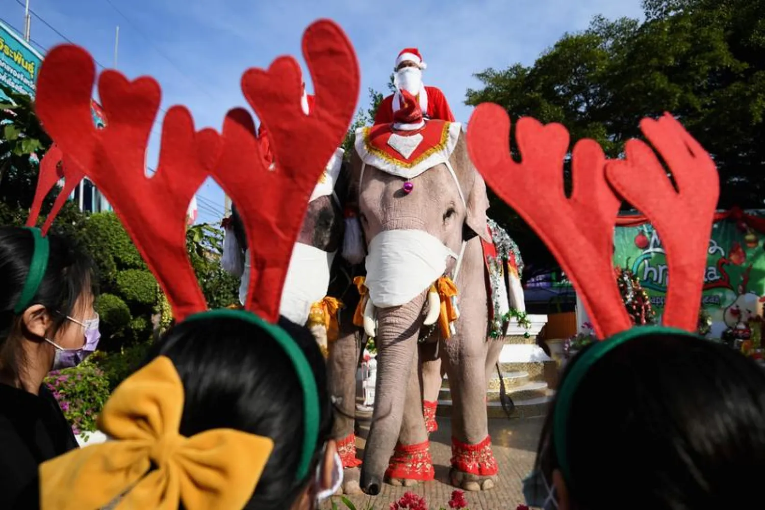 Elephants in Thailand wearing Santa hats and surgical masks passed out hand gel, face masks and balloons to students at a school's annual Christmas party. (Reuters file photo)