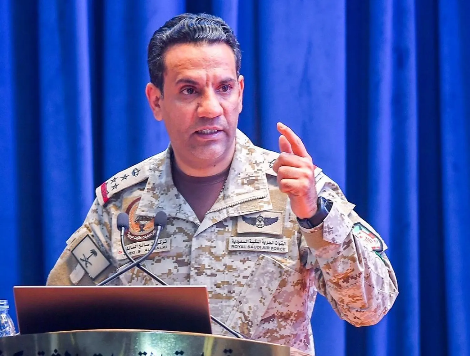 Coalition spokesman Turki al-Malki during his press conference. (SPA)

