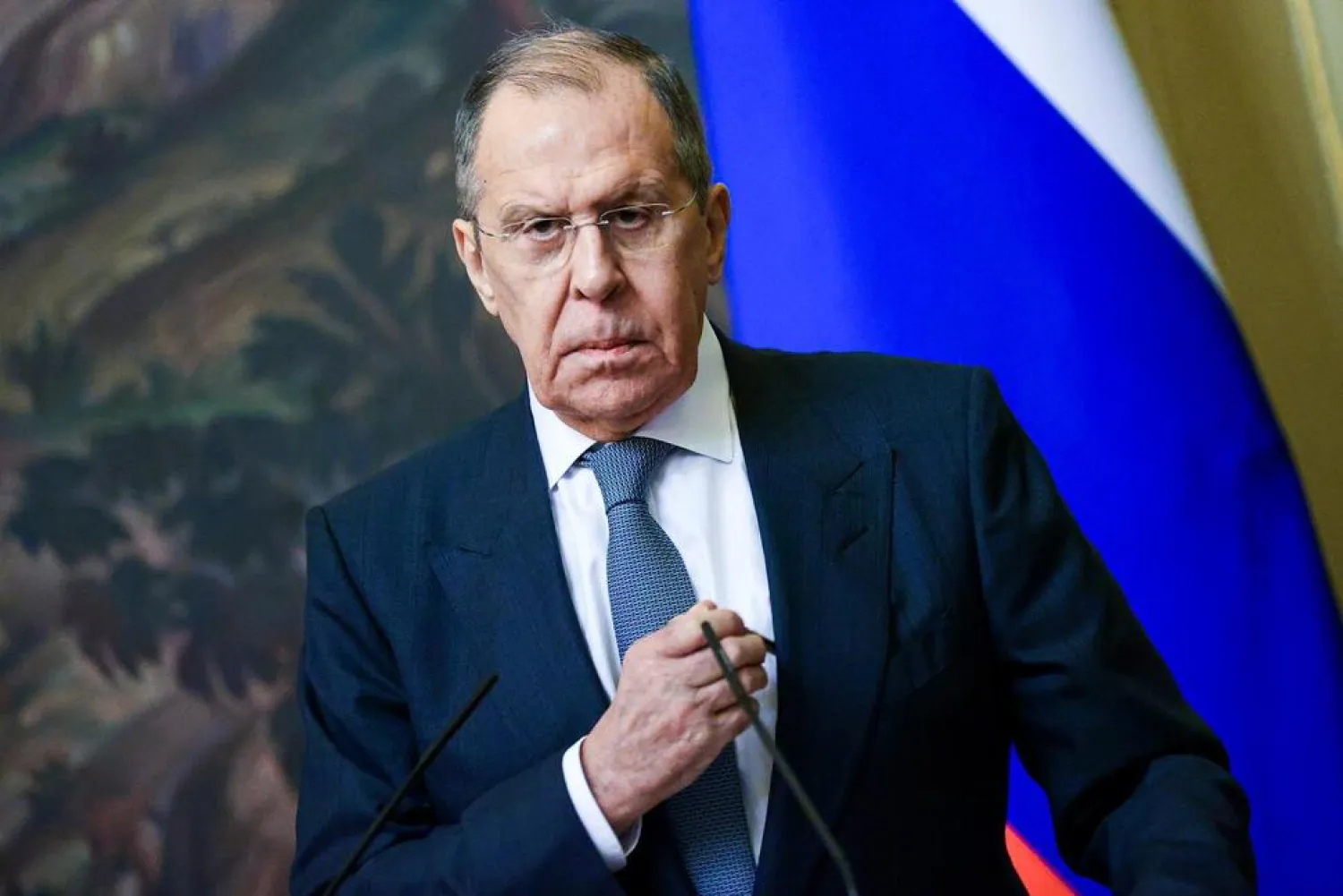  In this photo released by the Russian Foreign Ministry Press Service, Russian Foreign Minister Sergei Lavrov pauses during his and Brazilian Foreign Minister Carlos Franca's joint news conference following their talks in Moscow, Russia, Nov. 30, 2021. (AP)