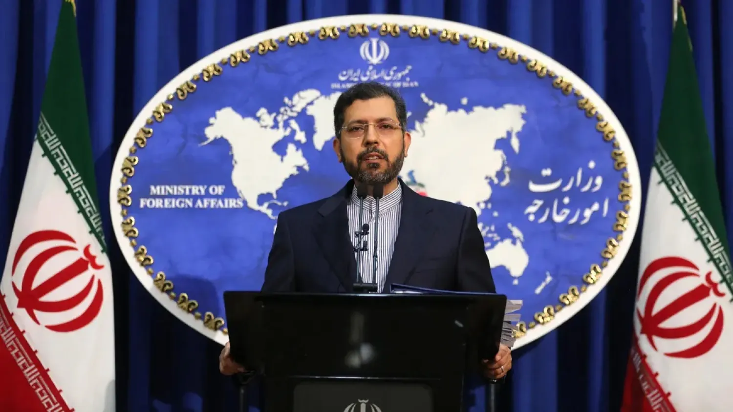 Iranian Foreign Ministry spokesman Saeed Khatibzadeh speaks during a press conference in Tehran on February 22, 2021. (AFP)