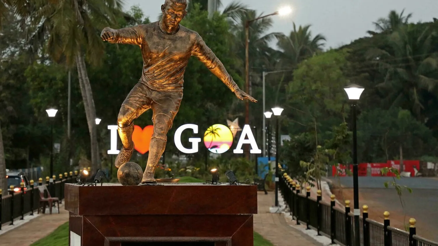 The newly installed statue of Portuguese footballer Cristiano Ronaldo in Calangute. (AFP)