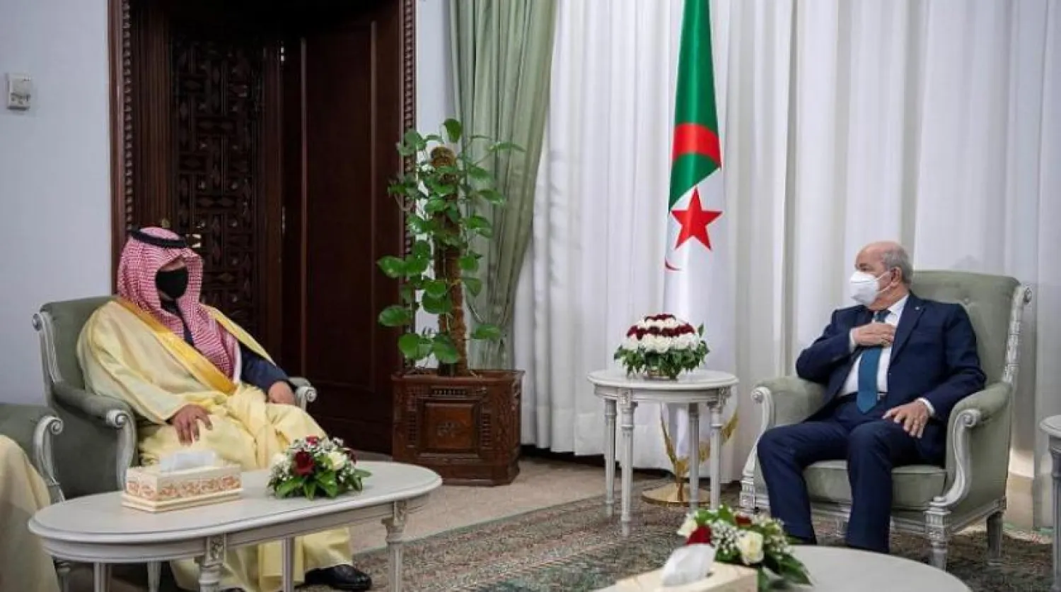 Algerian President Abdelmadjid Tebboune meets with Saudi Interior Minister Prince Abdulaziz bin Saud bin Naif bin Abdulaziz in Algiers. SPA