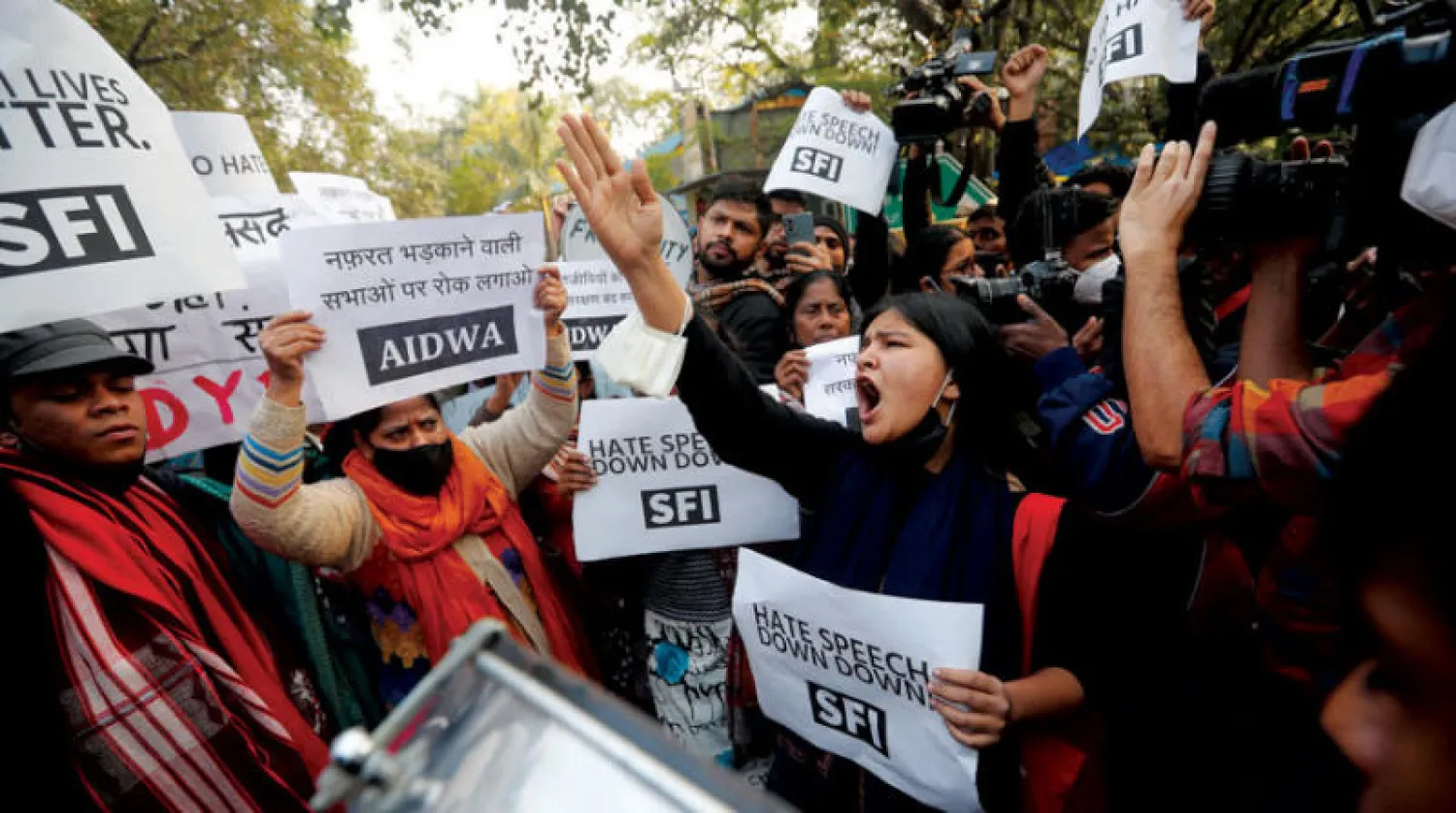 تجمع في نيودلهي يوم 27 ديسمبر احتجاجاً على تصاعد خطاب الكراهية من القادة الهندوس ضد المسلمين (رويترز)