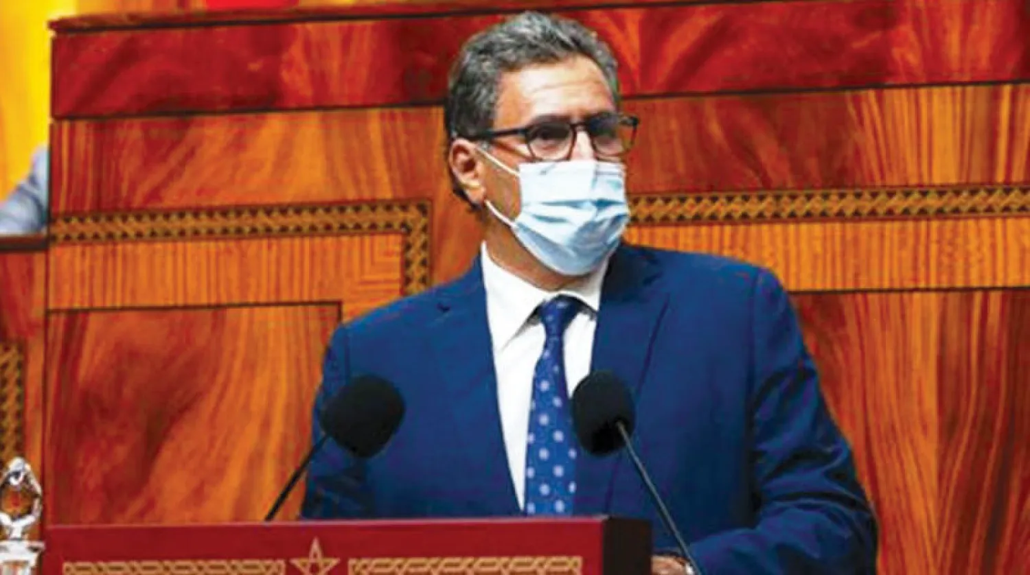 أخنوش خلال جلسة حول السياسات العمومية بمجلس المستشارين أمس (الشرق الأوسط)