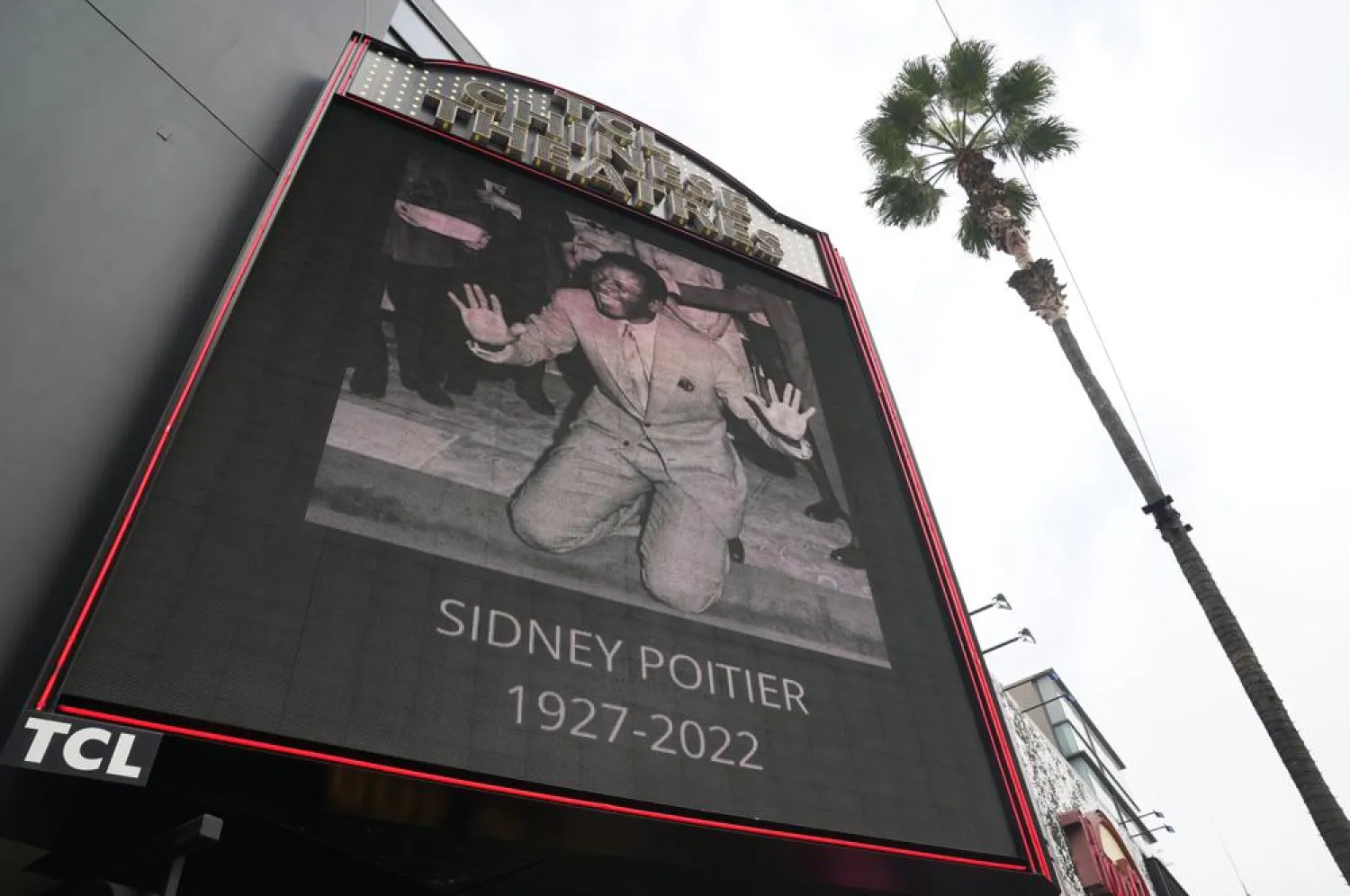 The TCL Chinese Theater marquee displays a picture of the late actor Sidney Poitier, Friday, Jan. 7, 2022, in Los Angeles. (AP)