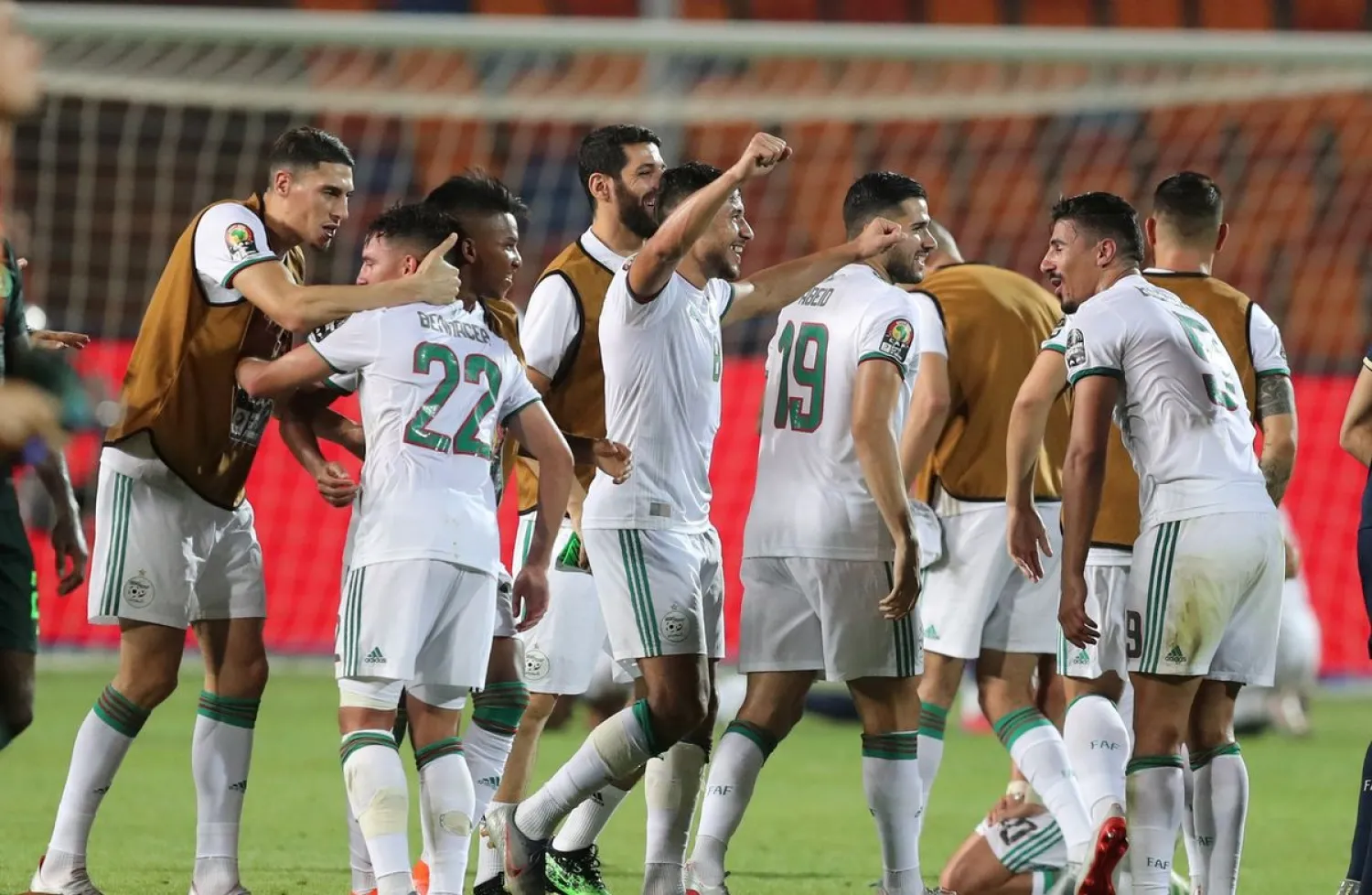 Algeria players celebrate after the Africa Cup of Nations 2019 semi-final against Nigeria, Cairo International Stadium, Cairo, Egypt, July 14, 2019. (Reuters)