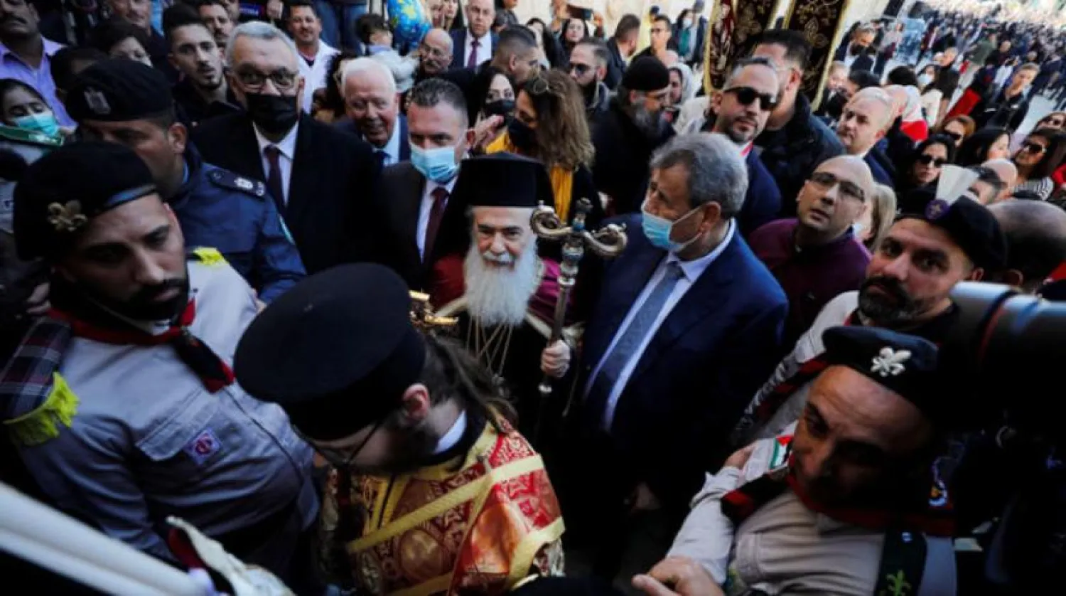 Greek Orthodox Patriarch of Jerusalem Theophilos III arrives at the Church of the Nativity to celebrate Christmas according to the Eastern Orthodox calendar, in Bethlehem in the Israeli occupied West Bank, January 6, 2022. REUTERS/Mussa Qawasma