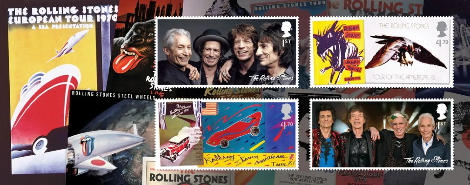 A set of four Royal Mail stamps honoring 60 years of the legendary rock group The Rolling Stones are presented in a Miniature Sheet in this undated handout image. Royal Mail/Handout via Reuters