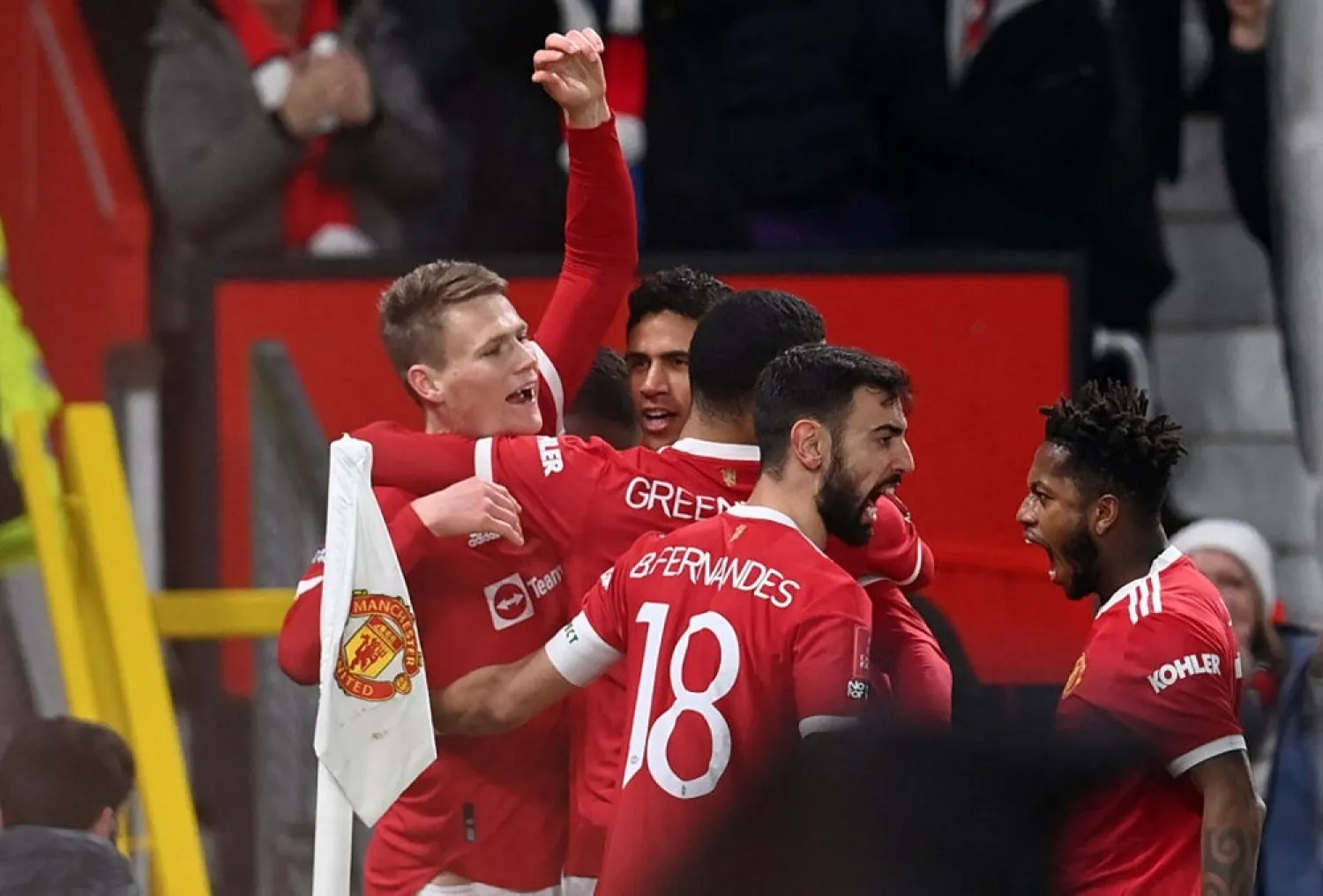 Scott McTominay celebrates with teammates after scoring the only goal. (Getty Images)