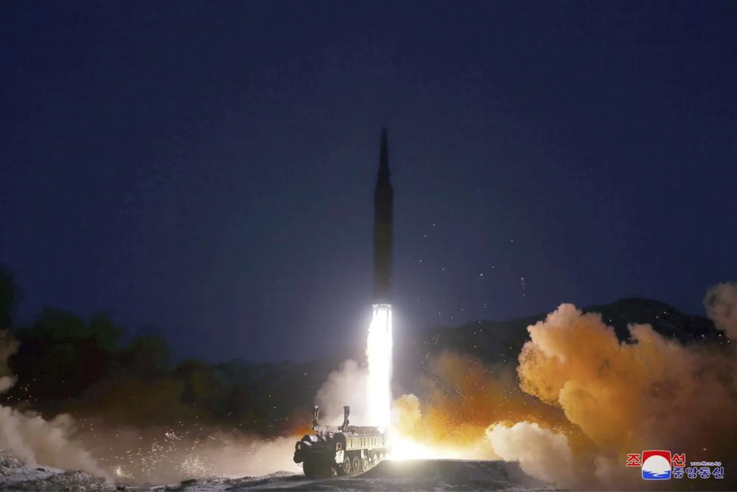 This photo provided by the North Korean government shows what it says a test launch of a hypersonic missile on Jan. 11, 2022 in North Korea.  (Korean Central News Agency/Korea News Service via AP)
