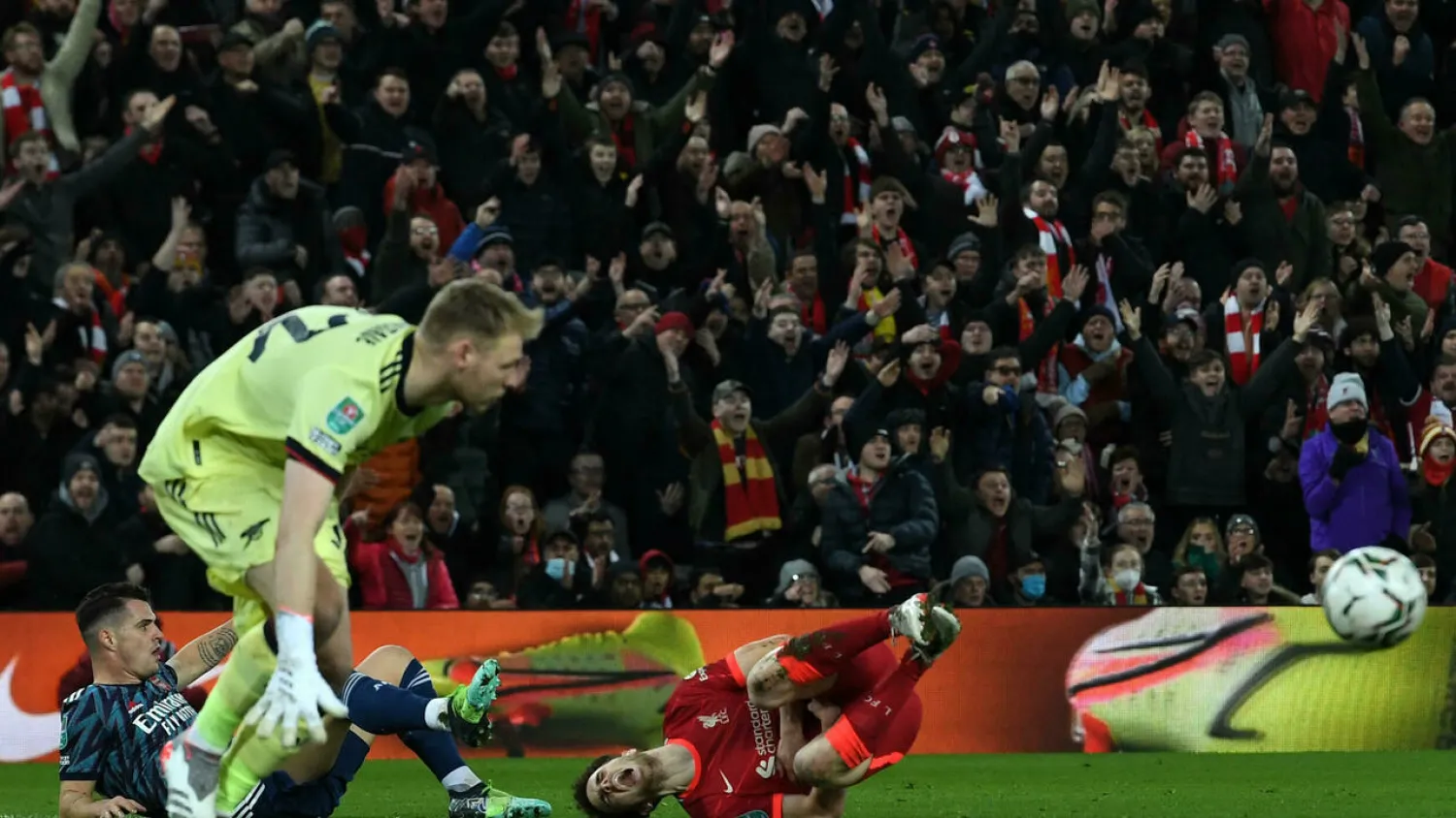 Moment of madness: Liverpool's Diogo Jota is being fouled by Arsenal's Granit Xhaka who subsequently receives a red card. Paul ELLIS AFP
