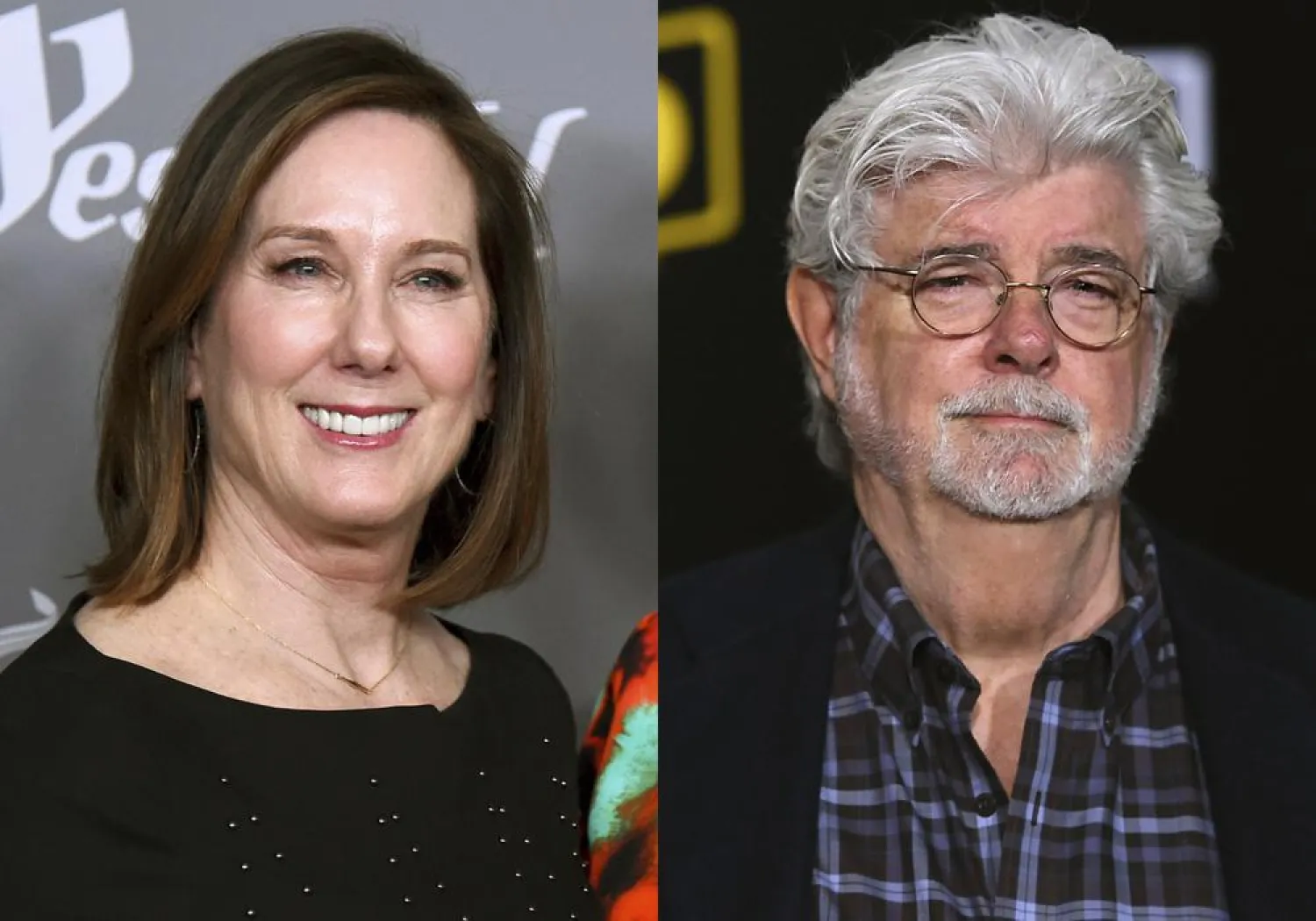 Kathleen Kennedy appears at the 20th annual Costume Designers Guild Awards in Beverly Hills, Calif., on Feb. 20, 2018, left, and George Lucas appears at the premiere of "Solo: A Star Wars Story" in Los Angeles on May 10, 2018. (AP)