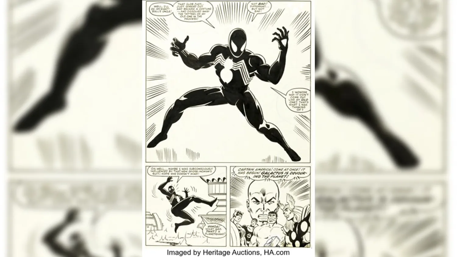 This image provided by Heritage Auctions shows Page 25 from the 1984 Marvel comic Secret Wars No. 8, which tells the origin story of Spider-Man's now-iconic black costume. (Heritage Auctions via AP)