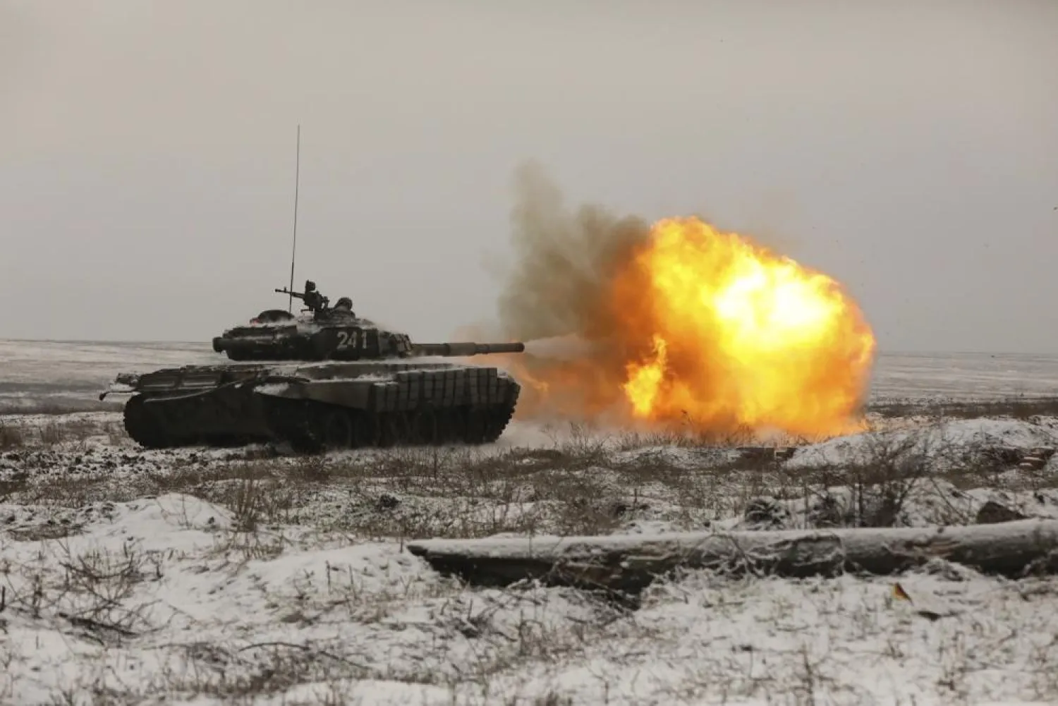 A Russian tank T-72B3 fires as troops take part in drills at the Kadamovskiy firing range in the Rostov region in southern Russia, on Jan. 12, 2022. (AP)