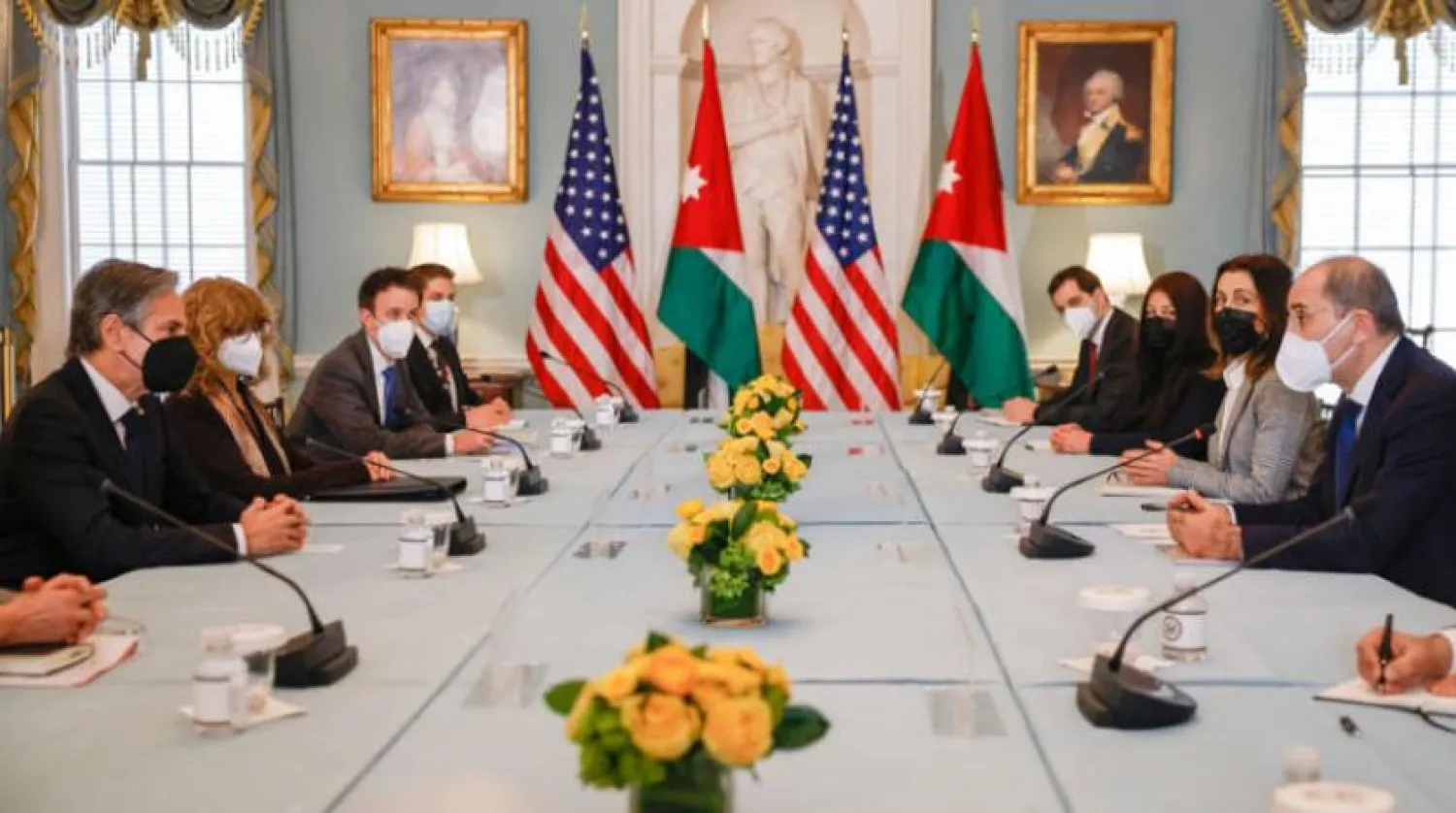Secretary of State Antony Blinken meets with Jordanian Foreign Minister Ayman Safadi at the State Department in Washington, Thursday, Jan. 13, 2022. (Evelyn Hockstein/Pool via AP)