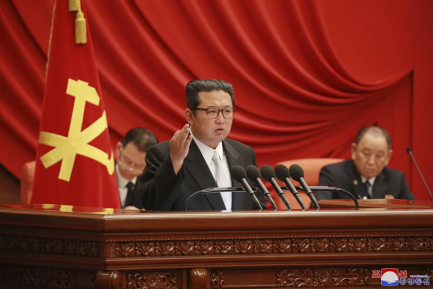 FILE - In this photo provided by the North Korean government, North Korean leader Kim Jong Un, center, attends a meeting of the Central Committee of the ruling Workers' Party in Pyongyang, North Korea. The photo was taken during Dec. 27 - Dec. 31, 2021, according to the source. (Korean Central News Agency/Korea News Service via AP, File)

