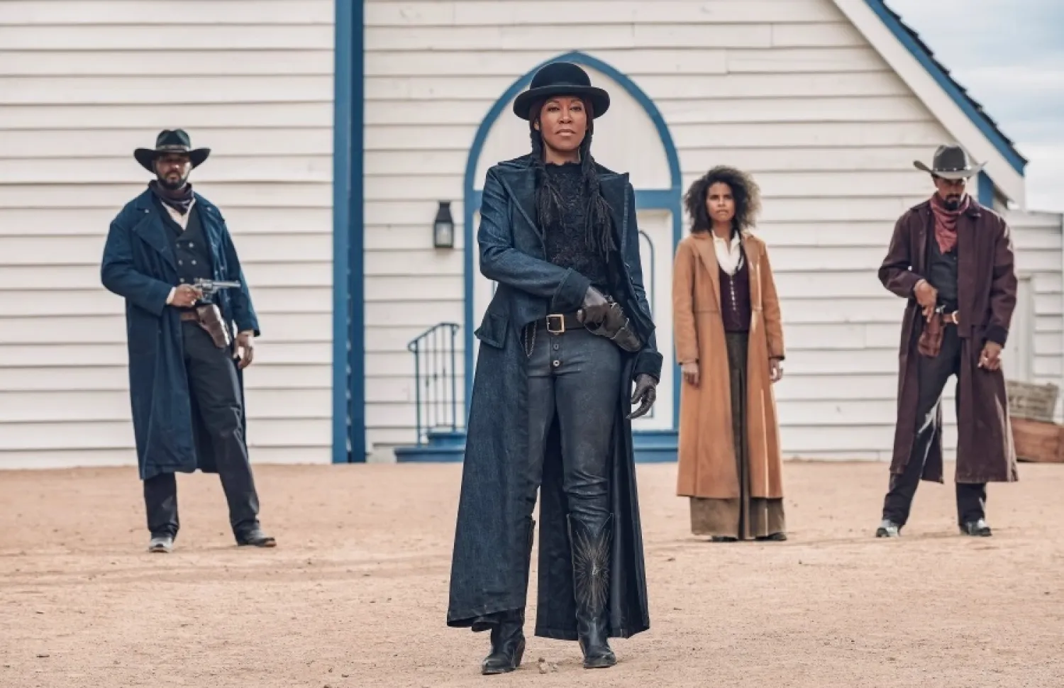This image released by Netflix shows Regina King, center, from the film "The Harder They Fall." (/Netflix via AP)