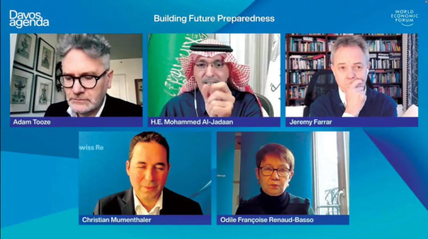 محمد الجدعان وزير المالية السعودي خلال مشاركته في جلسة «الاستعداد للمستقبل» في المنتدى الاقتصادي العالمي (الشرق الأوسط)