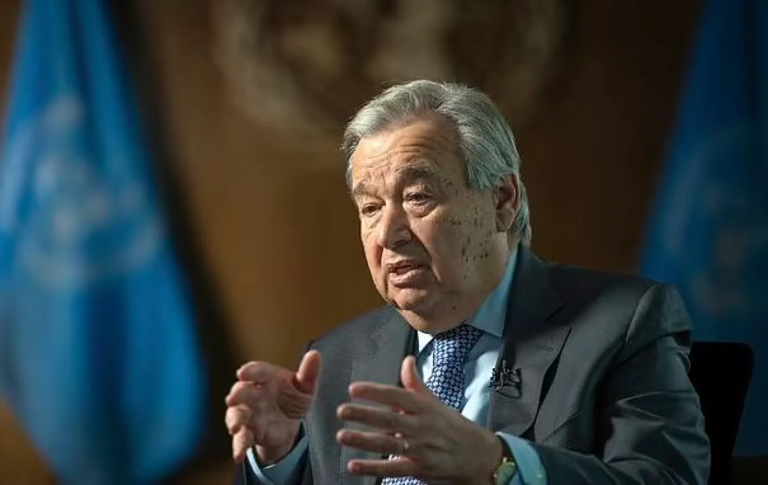 United Nations Secretary-General Antonio Guterres speaks during interview at the UN Headquarters, Thursday, Jan. 20, 2022, in New York. (AP Photo/Robert Bumsted)

