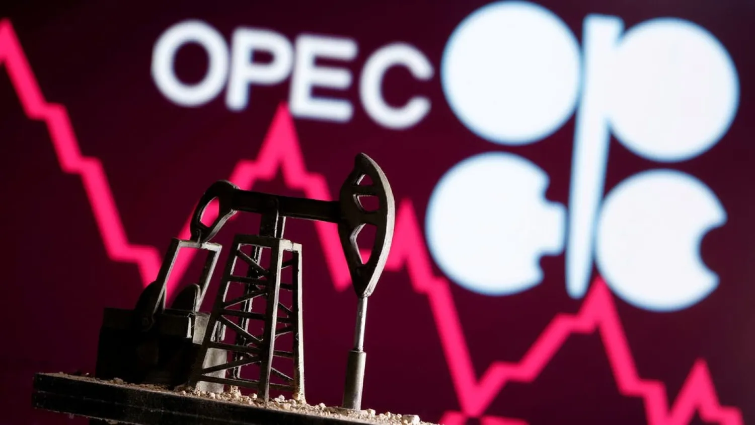 A 3D printed oil pump jack is seen in front of displayed stock graph and Opec logo in this illustration picture, April 14, 2020 - Reuters
