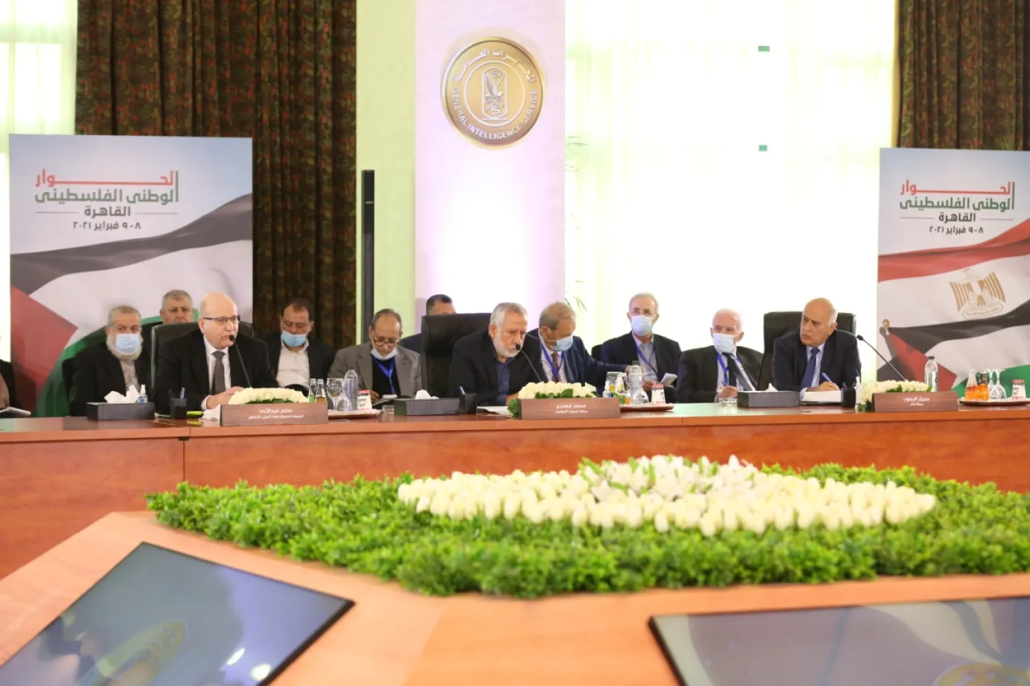 Palestinian faction leaders gather to discuss holding Palestinian national elections in Cairo on February 8, 2021 (WAFA)

