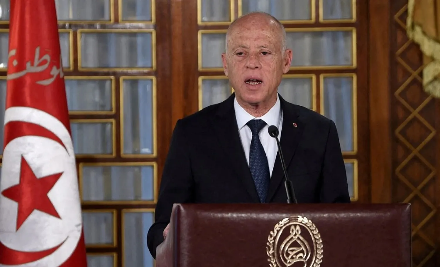 Tunisia's President Kais Saied gives a speech at the government's swearing-in ceremony at the Carthage Palace outside the capital Tunis, Tunisia February 27, 2020. (Reuters)