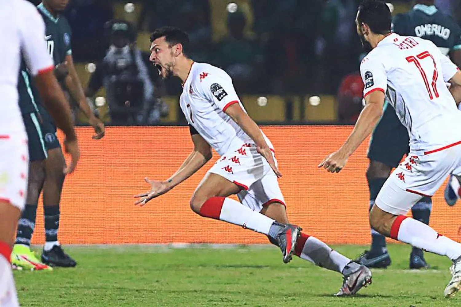 Tunisia's forward Youssef Msakni celebrates after scoring the opening goal during the Africa Cup of Nations (CAN) 2021 round of 16 football match between Nigeria and Tunisia at Stade Roumde Adjia in Garoua on January 23, 2022. (Photo by Daniel BELOUMOU OLOMO / AFP)