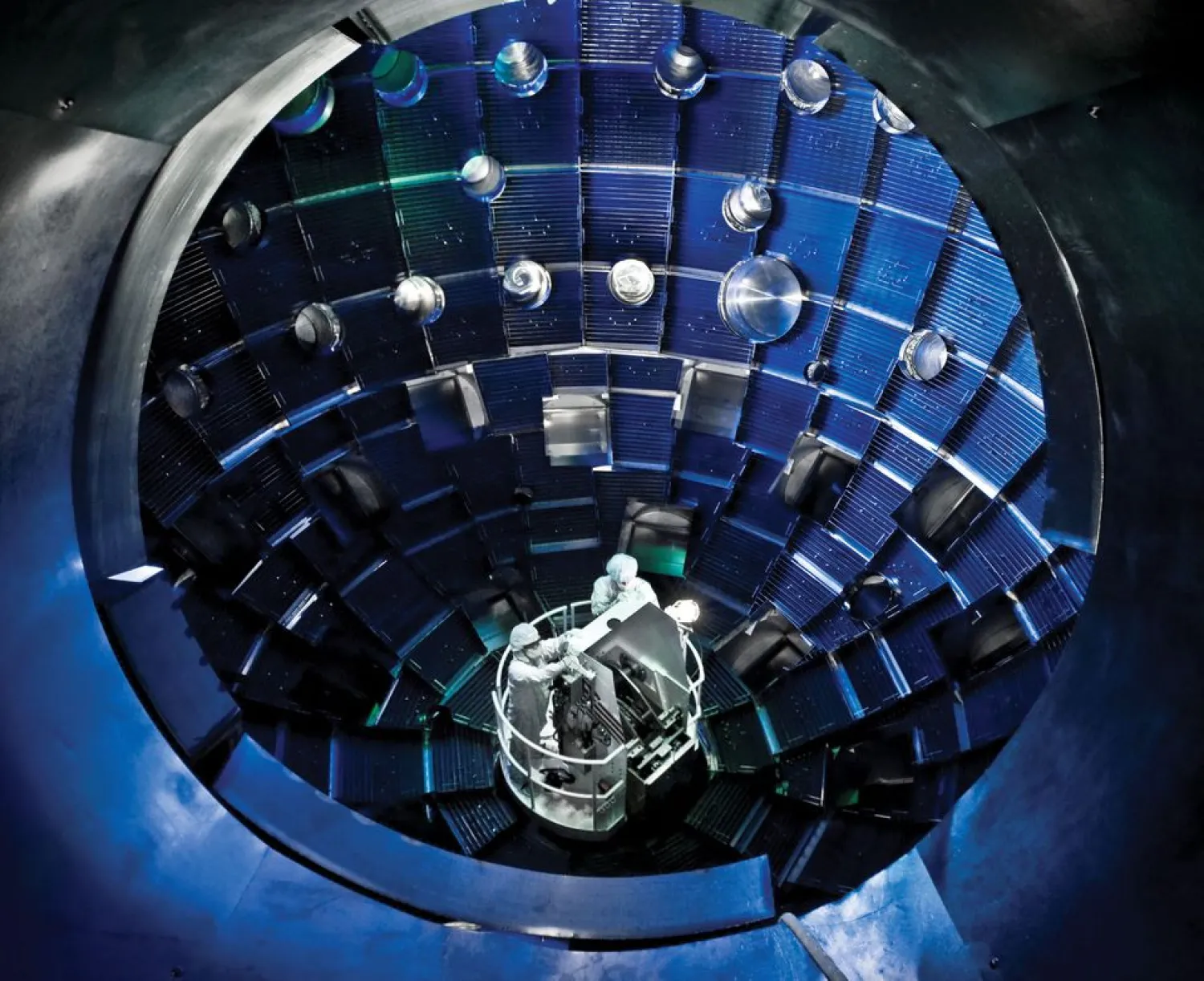 The Target Bay of the National Ignition Facility at the Lawrence Livermore National Laboratory in Livermore, California, US, is seen in an undated handout image. NIF's 192 laser beams converge at the center of this giant sphere to make a tiny hydrogen fuel pellet implode. Handout via Reuters