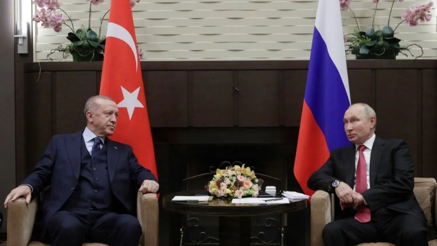 Russian President Vladimir Putin meets with his Turkish counterpart Recep Tayyip Erdogan in Sochi on September 29, 2021. (AFP)
