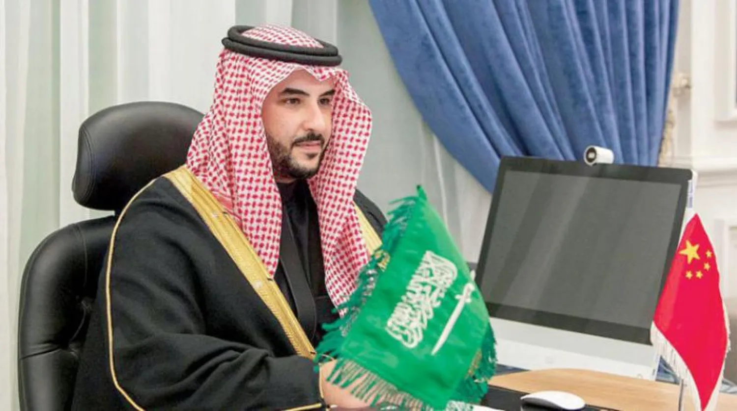 Prince Khalid bin Salman during the videoconference with Chinese State Councilor and Minister of National Defense General Wei Fenghe. SPA