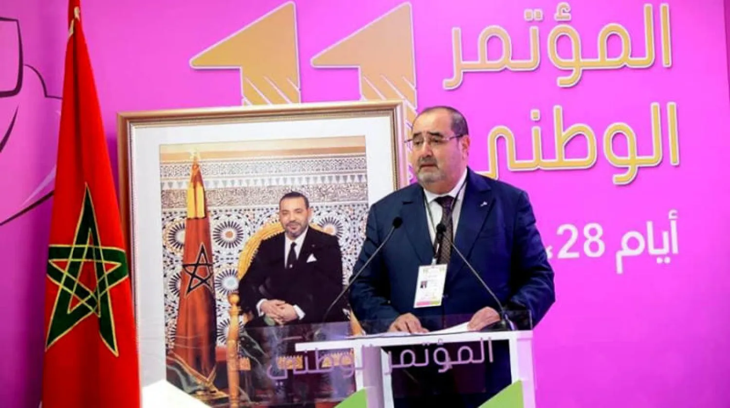 إدريس لشكر يلقي كلمته في الجلسة الافتتاحية للمؤتمر الحادي عشر للاتحاد الاشتراكي للقوات الشعبية في بوزنيقة أمس (الشرق الأوسط)