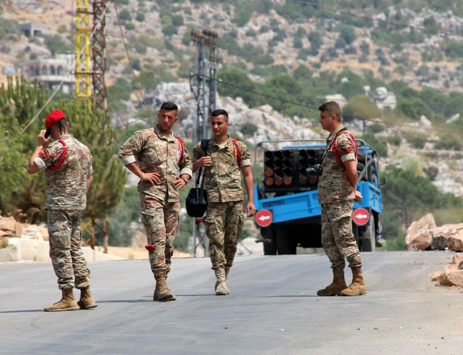 Lebanese army members stand near a pickup truck with a rocket launcher in Chouaya, Lebanon, August 6, 2021. REUTERS/Karamallah Daher
