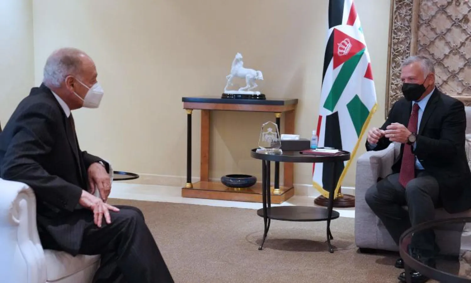 أبو الغيط خلال اجتماعه مع العاهل الأردني اليوم (أ.ف.ب)