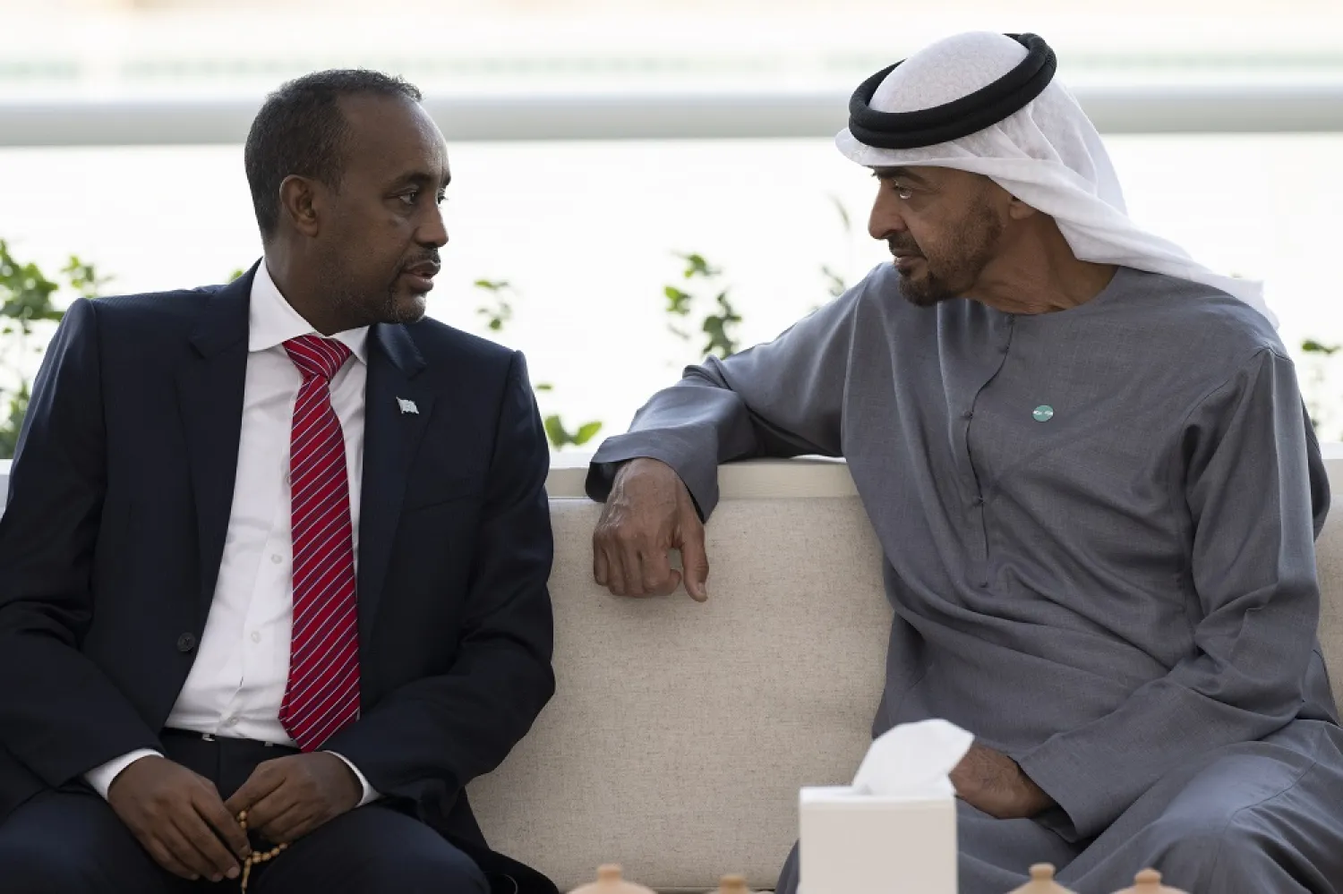 Crown Prince of Abu Dhabi, Sheikh Mohammed bin Zayed Al Nahyan meets with Somali Prime Minister Mohamed Hussein Roble. (WAM)