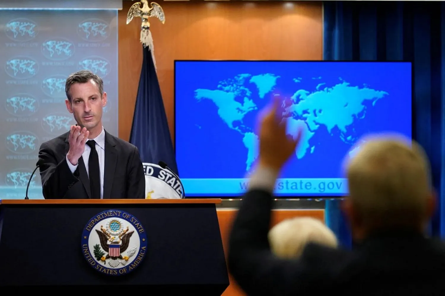 US State Department spokesperson Ned Price gestures during a briefing at the State Department in Washington, DC, US, February 1, 2022. (Reuters)