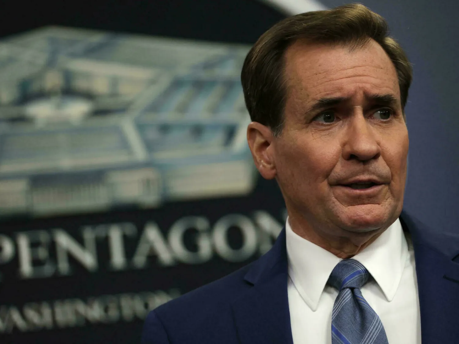 Pentagon Press Secretary John Kirby says Russia has plans for a "false flag" operation to spark a conflict with Ukraine. ALEX WONG GETTY IMAGES NORTH AMERICA/AFP
