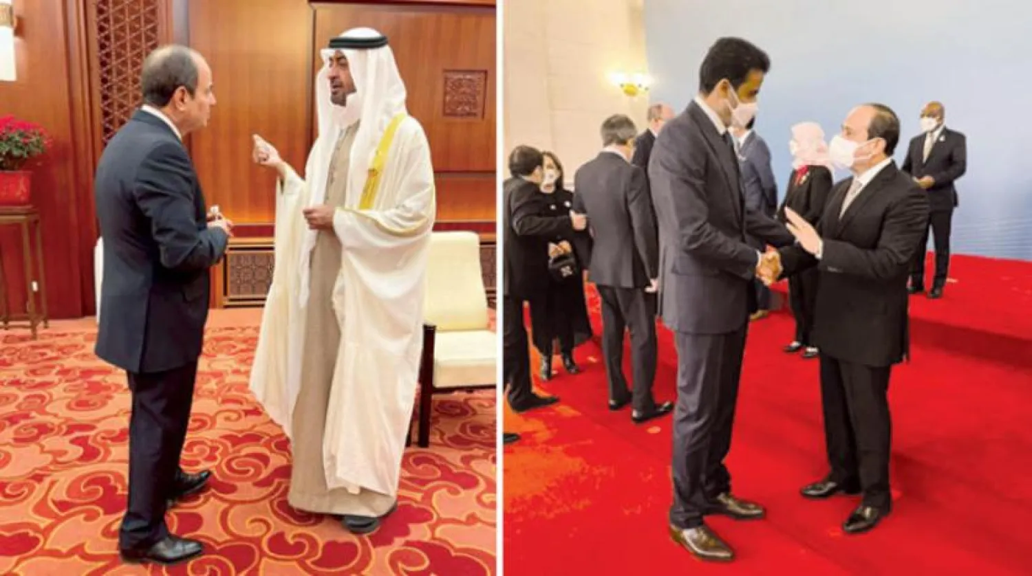 Sisi meets with the Emir of Qatar (R) and the Crown Prince of Abu Dhabi (L) in Beijing. (Egyptian presidency)