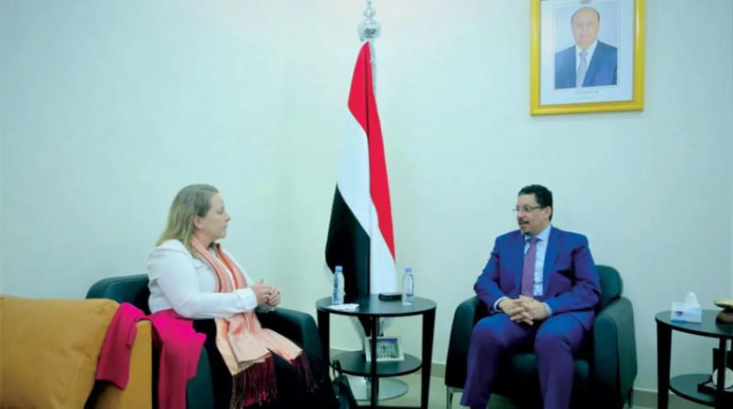 Yemen's Foreign Minister Ahmed bin Awad bin Mubarak holding talks with the Chargé d'Affaires of the US Embassy in Yemen, Catherine Westley in Riyadh on Sunday. Saba


