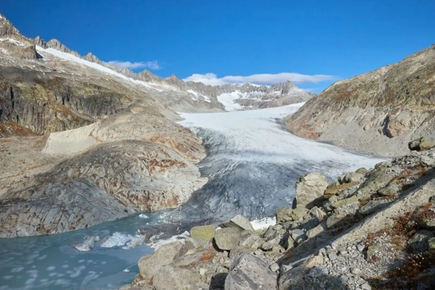 The Rhone glacier and the source of the Rhone river are seen on an autumn day in Obergoms, Switzerland, October 25, 2021. (Reuters)