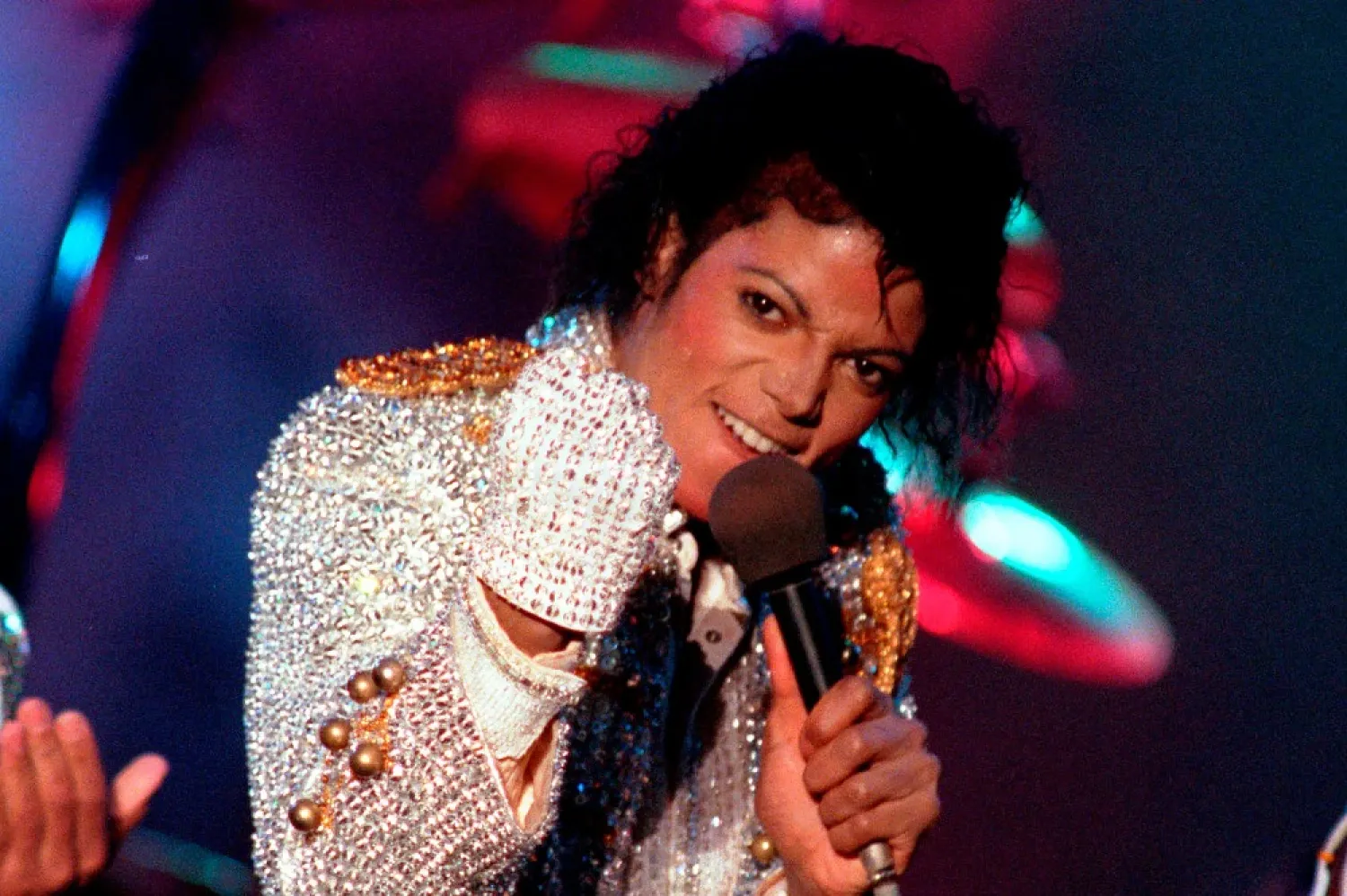 Michael Jackson performing with his brothers during the Victory reunion tour, Los Angeles, 1984. (AP)