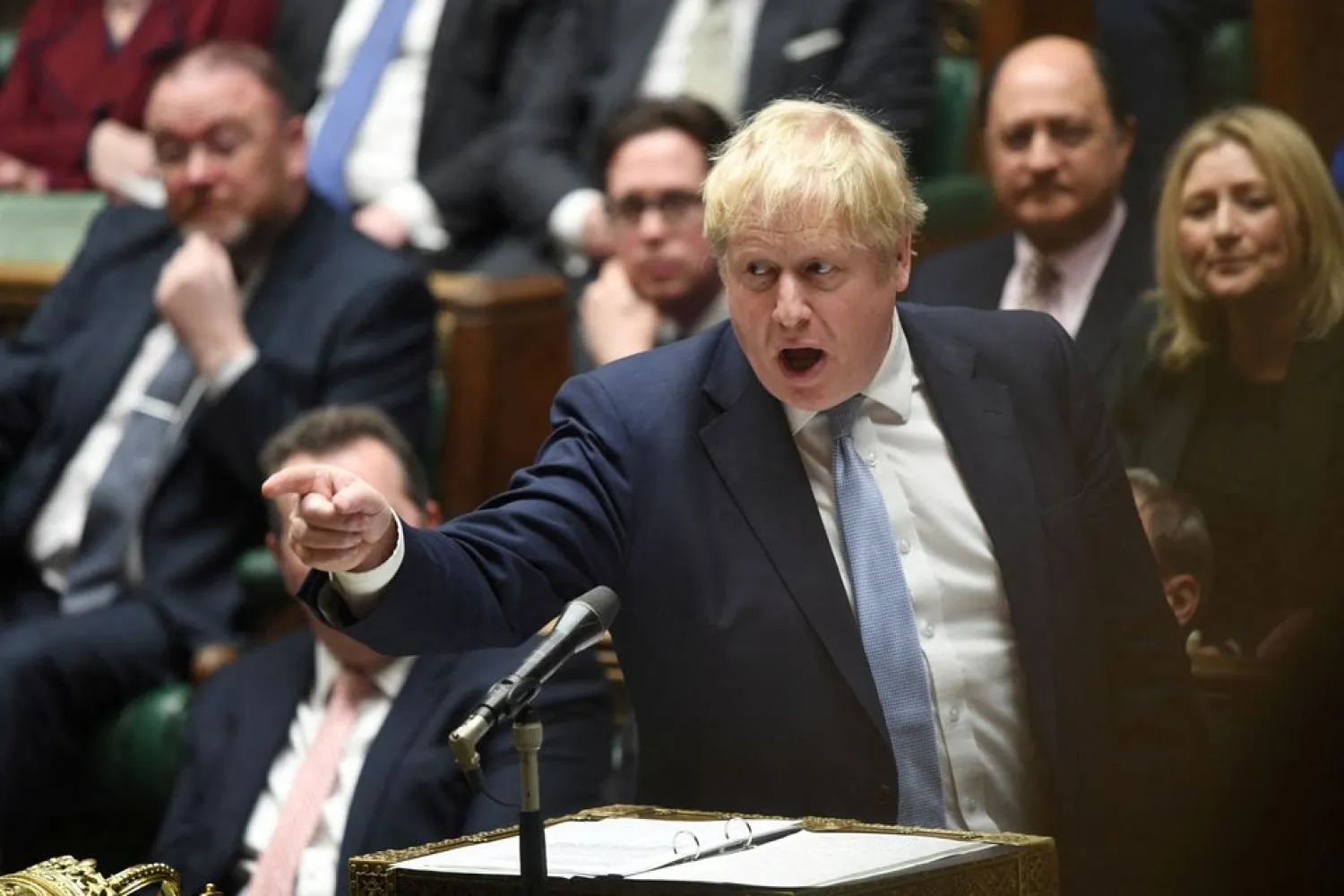 British Prime Minister Boris Johnson makes a statement on Sue Gray's report regarding the alleged Downing Street parties during COVID-19 lockdown, in the House of Commons in London, Britain, January 31, 2022. UK Parliament/UK Parliament/Jessica Taylor/Handout via Reuters