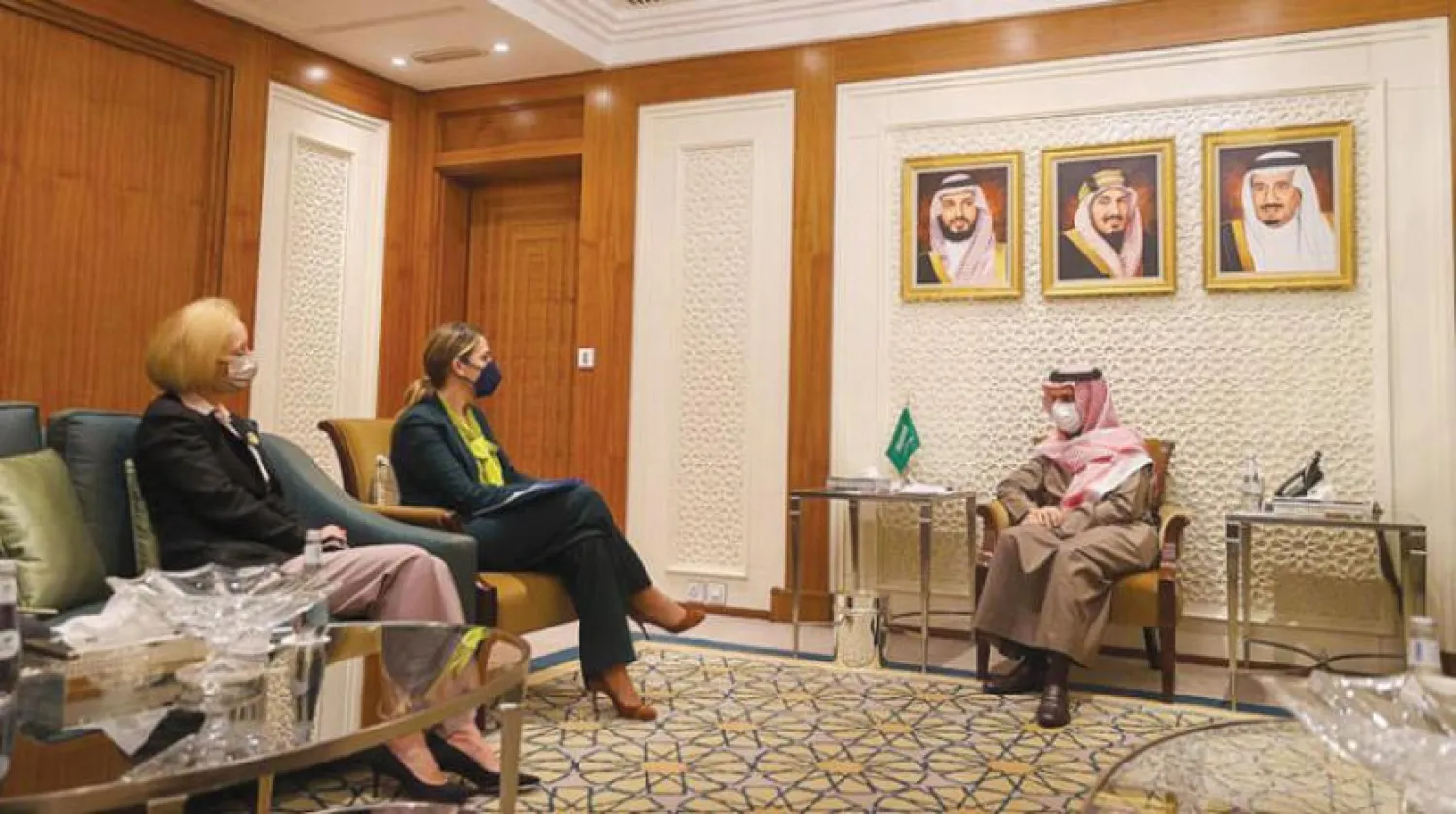 Saudi FM Prince Faisal bin Farhan meets with US Acting Assistant Secretary of State for Near Eastern Affairs Yael Lambert in Riyadh. (SPA)