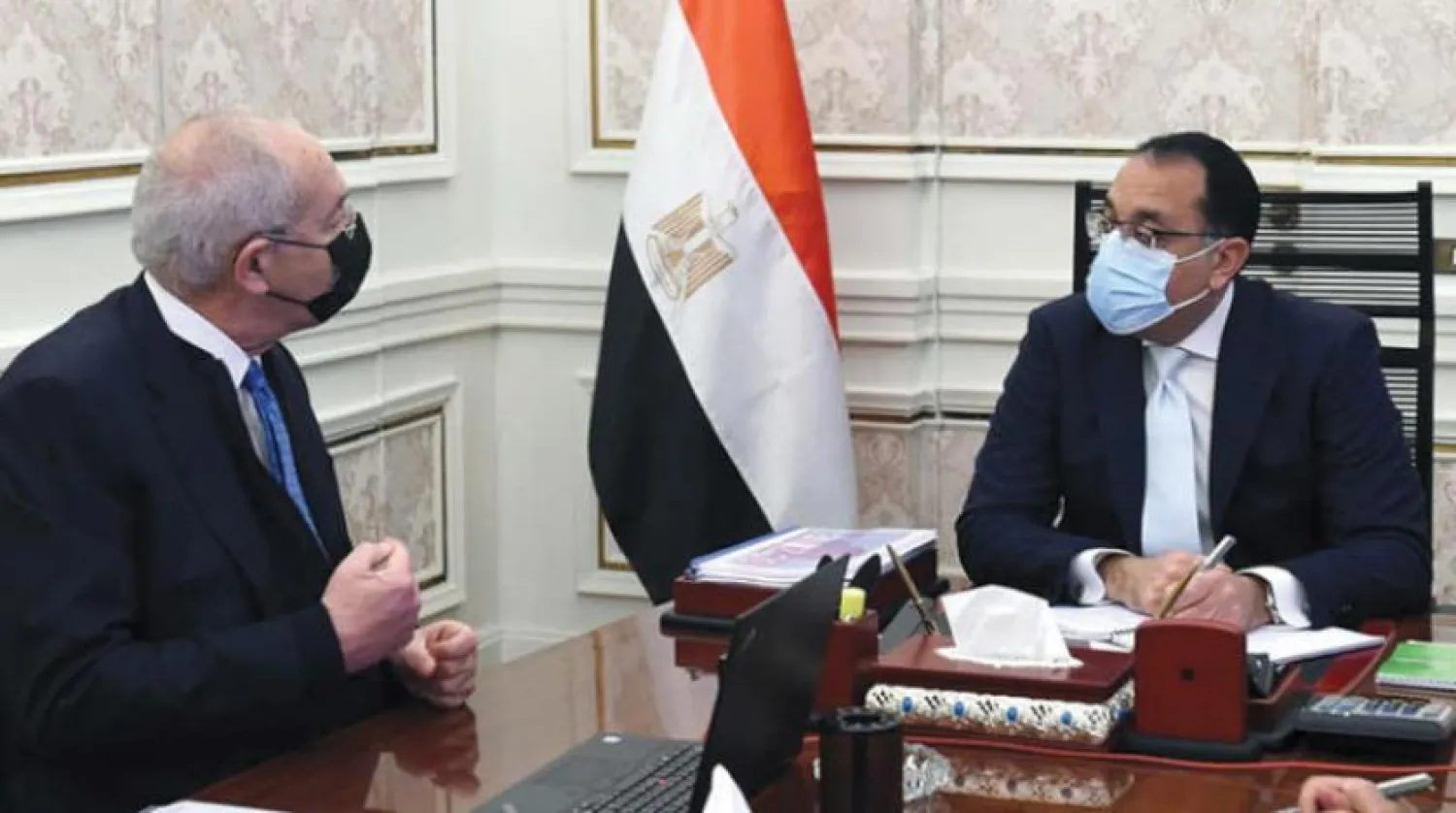 Egyptian Prime Minister Mostafa Madbouly meets with Chairperson of the Suez Canal Economic Zone Yehia Zaki in Cairo on Monday. (Egyptian government)